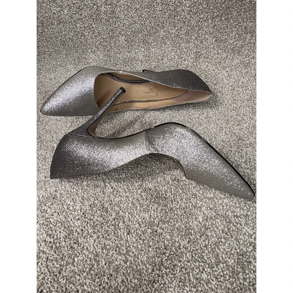 Jessica Simpson Silver Glitter Pumps Women's 8M Pointy Toe High Heel Dress Shoes